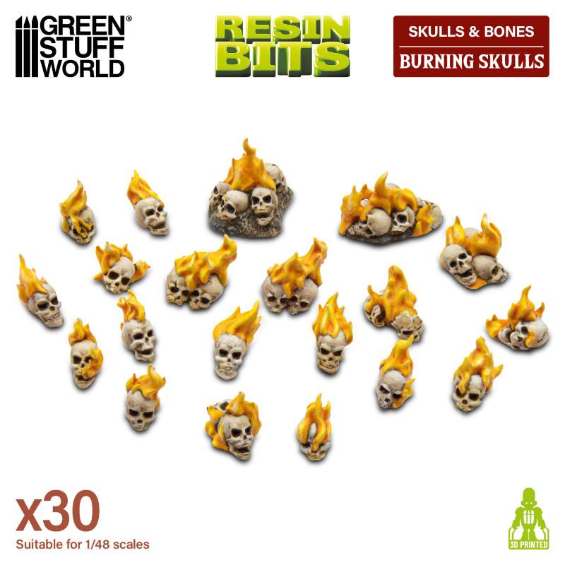 Flaming Resin Skulls Set | 3D štampane plamene lobanje (30 kom, 1:48 razmera)