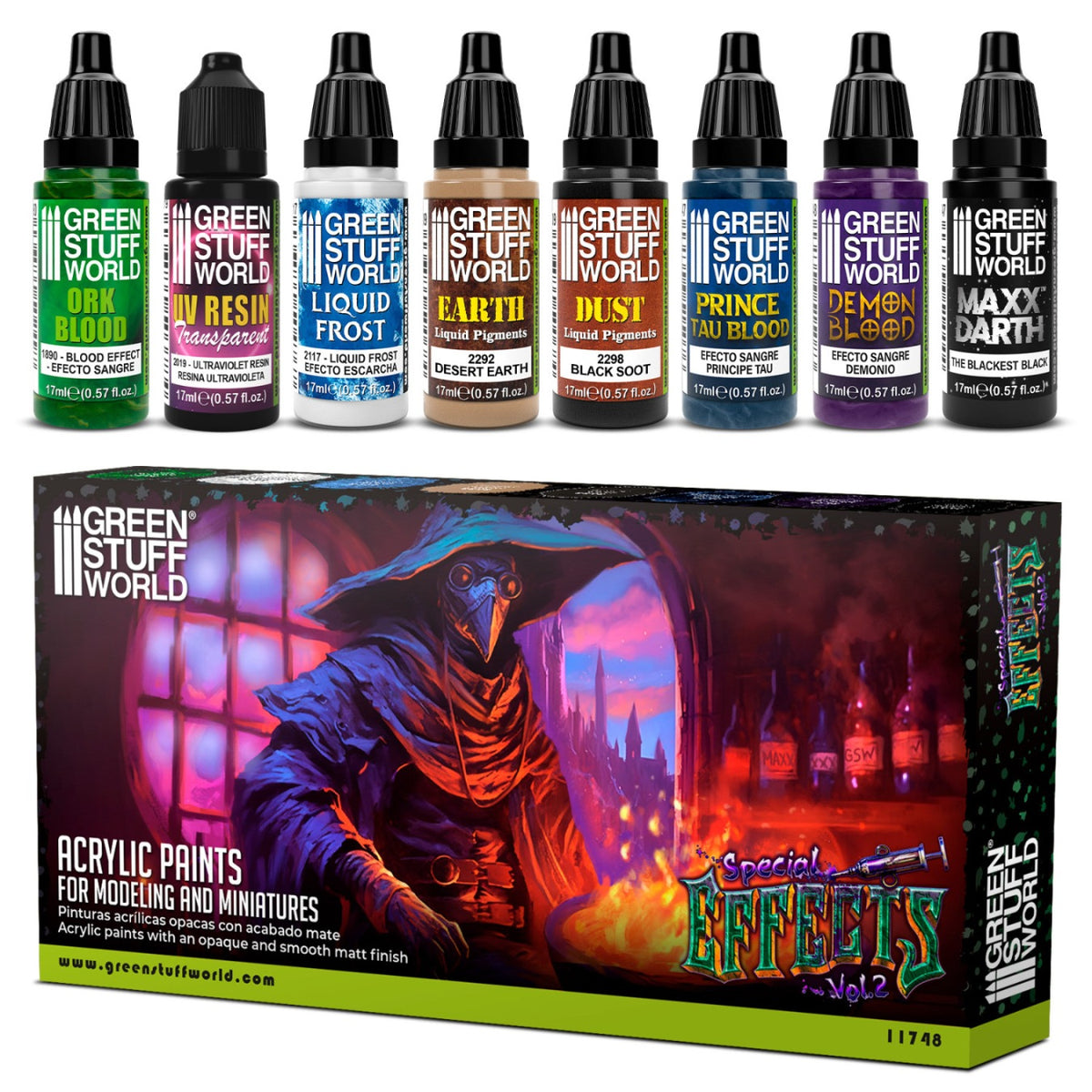 Collection of Green Stuff World acrylic paint bottles with a box featuring special effects.
