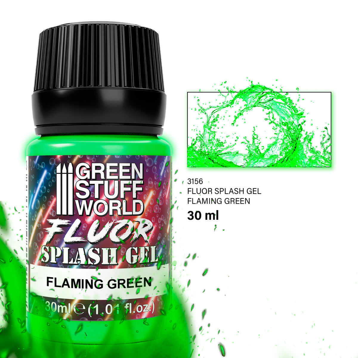 Splash Gel Flaming Green Fluor 30ml – zeleni akrilni gel za efekat plamena i magičnih detalja